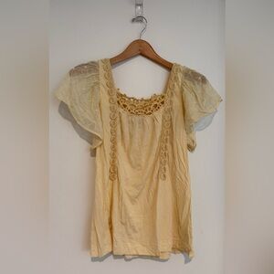 Language Cream Crochet-Trim Flutter Sleeve Tunic